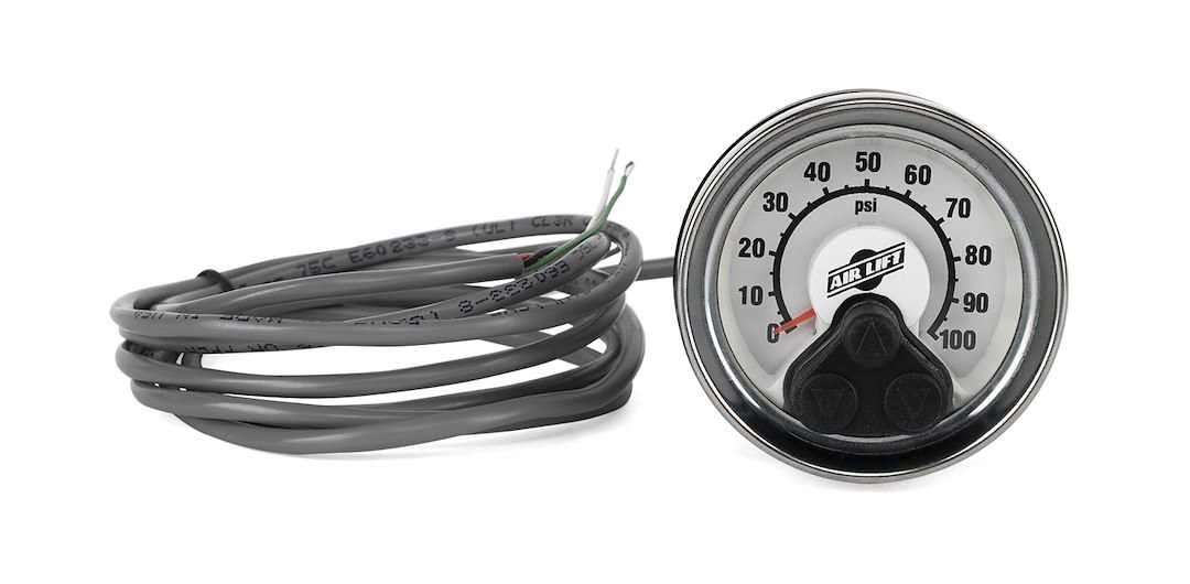 Air Lift Gauge Air Pressure, 2 Inch Diameter, Full Sweep, 0 to 100 PSI, Analog Display, White Face/ Chrome Bezel, Illuminated – 25194