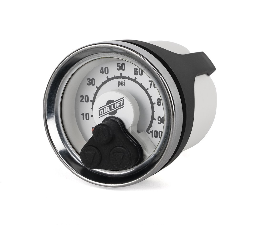 Air Lift Gauge Air Pressure, 2 Inch Diameter, Full Sweep, 0 to 100 PSI, Analog Display, White Face/ Chrome Bezel, Illuminated – 25194
