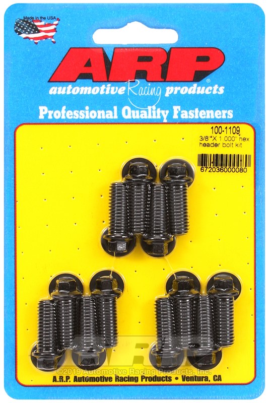 ARP Exhaust Header Bolt, Universal, 3/8 – 16 Inch Thread Size, 1.000 Inch Length, Hex Style Head Type, Black Oxide, Chrome Moly, Set of 12 – 100-1109