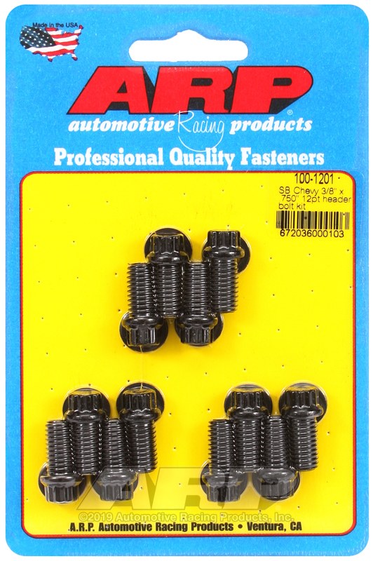 ARP Exhaust Header Bolt, For Use with Chevy Small Block, 3/8 – 16 Inch Thread Size, .750 Inch Length, 12 Point Head Type, Black Oxide – 100-1201