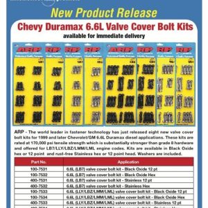 ARP Valve Cover Bolt, For Use with Duramax 6.6L LB7 Engine, 86 Millimeter Diameter, Hex Style Head Type, Black Oxide, Chrome Moly, Set of 8 – 100-7532