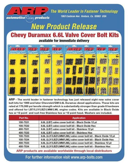 ARP Valve Cover Bolt, For Use with Duramax 6.6L LB7 Engine, 86 Millimeter Diameter, Hex Style Head Type, Black Oxide, Chrome Moly, Set of 8 – 100-7532