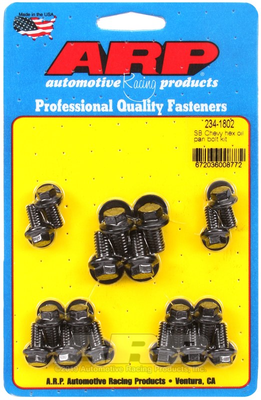 ARP Oil Pan Bolt Set, For Use with Chevy Small Block with Standard 2 Piece Cork Gasket, 265/ 400 Cubic Inch, Black Oxide, Chrome Moly – 234-1802