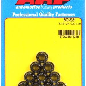 ARP Nut, 12 Point, 5/16 Inch – 24 Thread Size, 3/8 Inch Socket Size, 180000 PSI Tensile Strength, Black Oxide, Chrome Moly, 10 Piece Pack – 300-8331