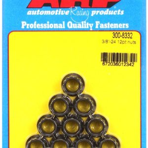 ARP Nut, 12 Point, 3/8 Inch – 24 Thread Size, 1/2 Inch Socket Size, 180000 PSI Tensile Strength, Black Oxide, Chrome Moly, 10 Piece Pack – 300-8332