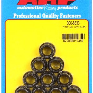 ARP Nut, 12 Point, 7/16 Inch – 20 Thread Size, 1/2 Inch Socket Size, 180000 PSI Tensile Strength, Black Oxide, Chrome Moly, 10 Piece Pack – 300-8333