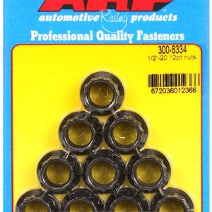 ARP Nut, 12 Point, 1/2 Inch – 20 Thread Size, 9/16 Inch Socket Size, 180000 PSI Tensile Strength, Black Oxide, Chrome Moly, 10 Piece Pack – 300-8334