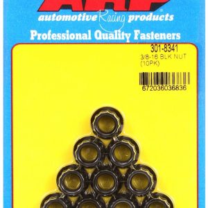 ARP Nut, 12 Point, 3/8 Inch – 16 Thread Size, 7/16 Inch Socket Size, 180000 PSI Tensile Strength, Black Oxide, Chrome Moly, 10 Piece Pack – 301-8341