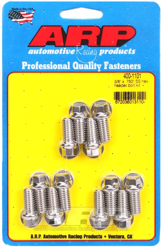 ARP Exhaust Header Bolt, For Use with Chevy Small Block, 3/8 – 16 Inch Thread Size, .750 Inch Length, Hex Style Head Type, Stainless – 400-1101