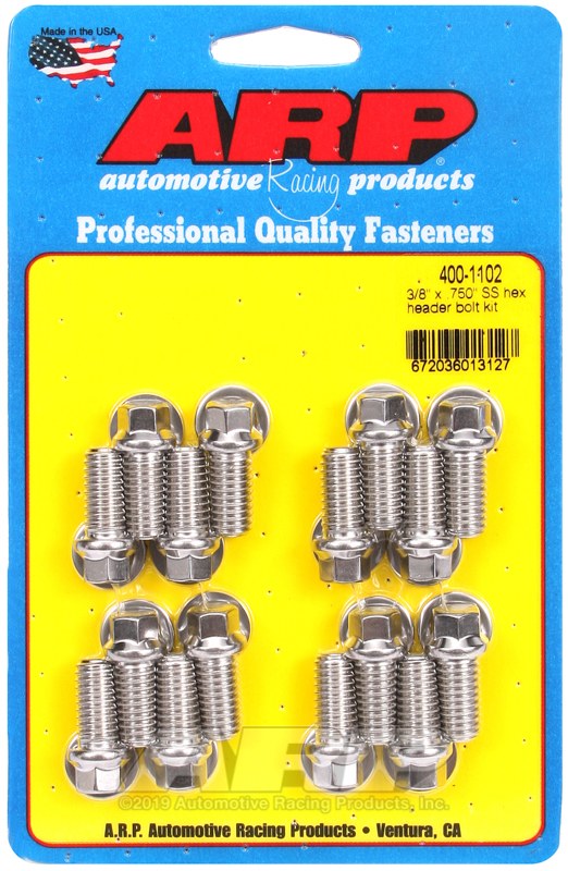 ARP Exhaust Header Bolt, For Use with Chevy Big Block, 3/8 – 16 Inch Thread Size, .750 Inch Length, Hex Style Head Type, Stainless, Natural – 400-1102