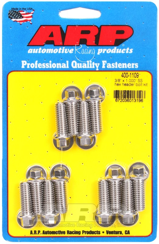 ARP Exhaust Header Bolt, Universal, 3/8 – 16 Inch Thread Size, 1.000 Inch Length, Hex Style Head Type, Stainless, Natural, Stainless Steel – 400-1109