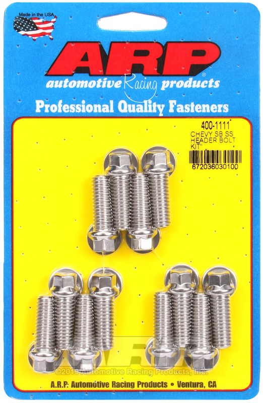 ARP Exhaust Header Bolt, For Use with Chevy Small Block, 3/8 – 16 Inch Thread Size, 1.000 Inch Length, Hex Style Head Type, Stainless – 400-1111