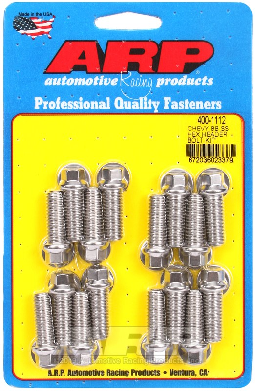 ARP Exhaust Header Bolt, For Use with Chevy Big Block, 3/8 – 16 Inch Thread Size, 1.000 Inch Length, Hex Style Head Type, Stainless – 400-1112