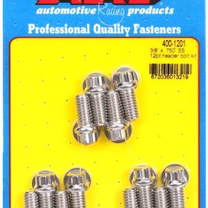 ARP Exhaust Header Bolt, For Use with Chevy Small Block, 3/8 – 16 Inch Thread Size, .750 Inch Length, 12 Point Head Type, Stainless – 400-1201