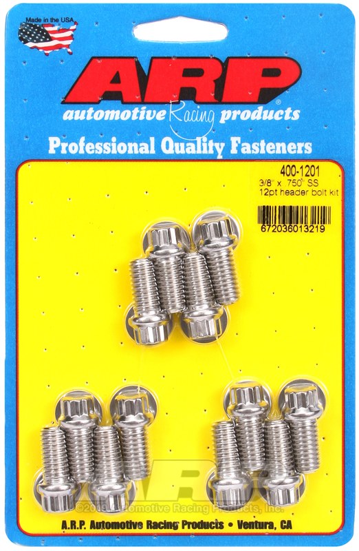 ARP Exhaust Header Bolt, For Use with Chevy Small Block, 3/8 – 16 Inch Thread Size, .750 Inch Length, 12 Point Head Type, Stainless – 400-1201
