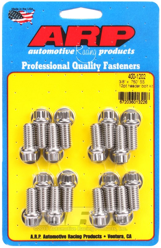 ARP Exhaust Header Bolt, For Use with Chevy Big Block, 3/8 – 16 Inch Thread Size, .750 Inch Length, 12 Point Head Type, Stainless, Natural – 400-1202