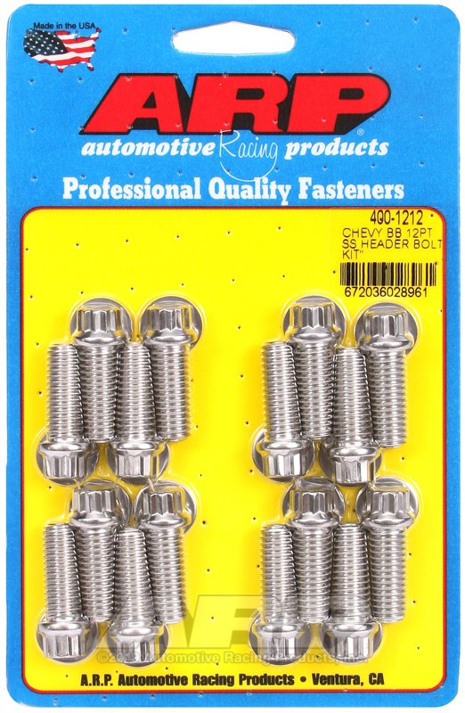 ARP Exhaust Header Bolt, For Use with Chevy Big Block, 3/8 – 16 Inch Thread Size, 1.000 Inch Length, 12 Point Head Type, Stainless, Natural – 400-1212