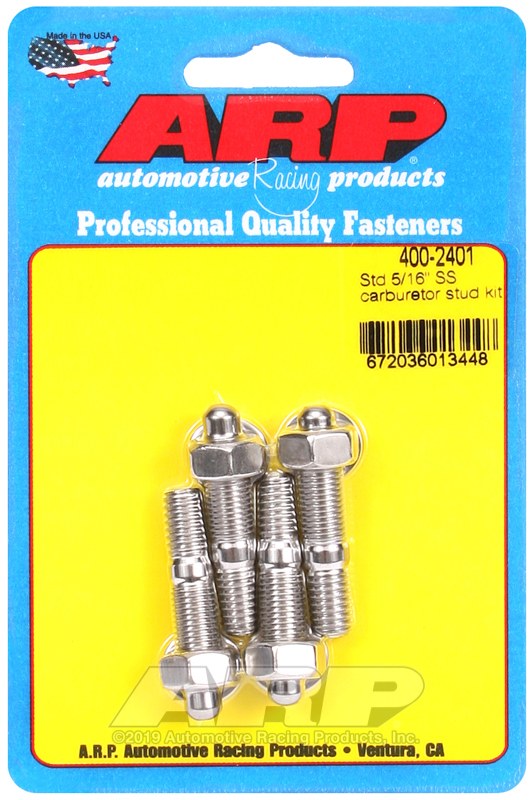 ARP Carburetor Stud Kit, Standard Height, 5/16 Inch Diameter, 1.7 Inch Overall Length, Stainless Steel, With Hex Nuts/ Washers, Set of 4 – 400-2401