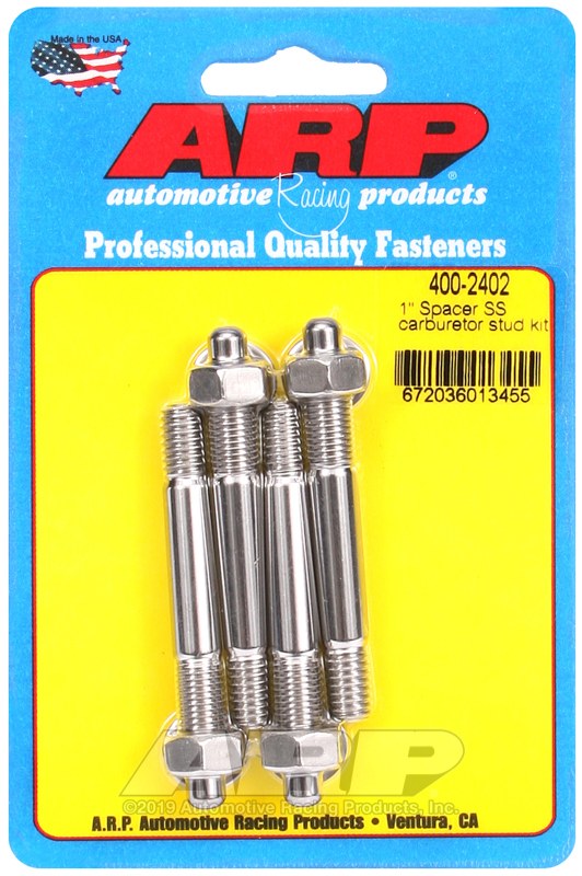ARP Carburetor Stud Kit, For Use with 1 Inch Spacer, 5/16 Inch Diameter, 2.7 Inch Overall Length, Stainless Steel, With Hex Nuts/ Washers – 400-2402