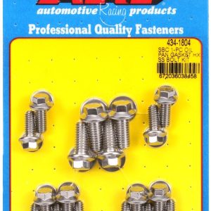 ARP Oil Pan Bolt Set, For Use with Chevy Small Block with 1 Piece Rubber Gasket, 265/ 400 Cubic Inch, Polished, Stainless Steel – 434-1804