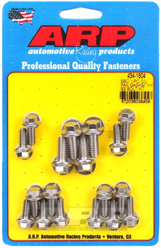 ARP Oil Pan Bolt Set, For Use with Chevy Small Block with 1 Piece Rubber Gasket, 265/ 400 Cubic Inch, Polished, Stainless Steel – 434-1804