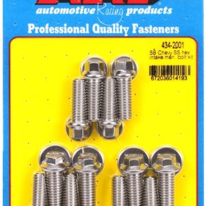 ARP Intake Manifold Bolt, For Use with Chevy 265/ 400 Cubic Inch, Hex Style Head Type, Polished, Stainless Steel, With Washers – 434-2001