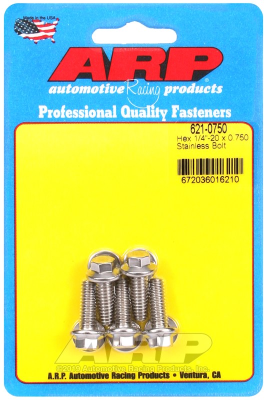 ARP Bolt, Standard Bolt, 1/4 Inch – 20 Thread Size, 0.750 Inch Under Head Length, 5/16 Inch Socket Size, Hex Style Head Type, Polished – 621-0750