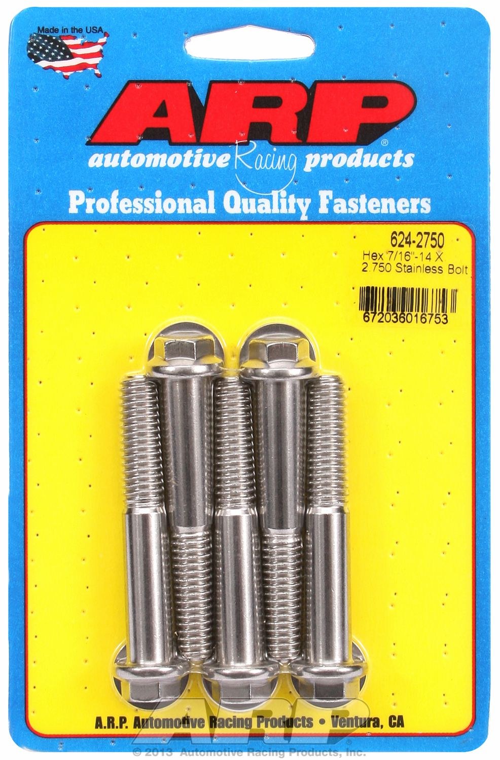 ARP Bolt, Standard Bolt, 7/16 Inch – 14 Thread Size, 2.750 Inch Under Head Length, 1/2 Inch Socket Size, Hex Style Head Type, Polished – 624-2750