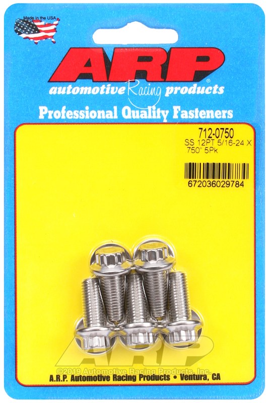 ARP Bolt, Fine Thread Bolt, 5/16 Inch – 24 Thread Size, 0.750 Inch Under Head Length, 3/8 Inch Socket Size, 12 Point Head Type, Polished – 712-0750