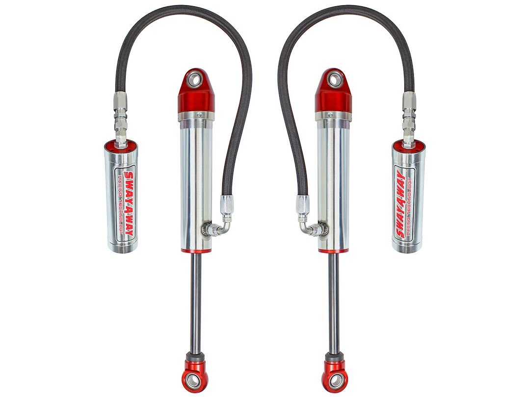 aFe Power Shock Absorber, Sway-A-Way, Hydraulic, With Reservoir, Adjustable, Without Shock Boots, Silver and Red, Set of 2 – 202-0056-01