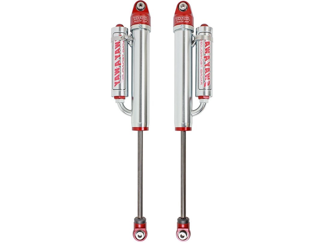 aFe Power Shock Absorber, Sway-A-Way, Hydraulic, 2 Inch Diameter, With Reservoir, Adjustable, Without Shock Boots, Silver and Red – 302-0052-05