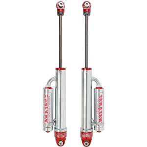 aFe Power Shock Absorber, Sway-A-Way, Hydraulic, 2 Inch Diameter, With Reservoir, Adjustable, Without Shock Boots, Silver and Red – 302-0052-05