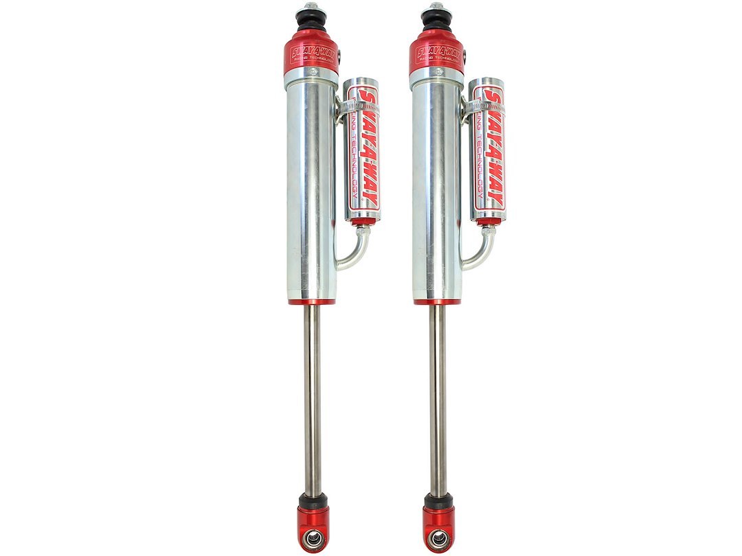 aFe Power Shock Absorber, Sway-A-Way, Hydraulic, 2-1/2 Inch Diameter, With Reservoir, Adjustable, Without Shock Boots, Silver and Red – 401-5600-11