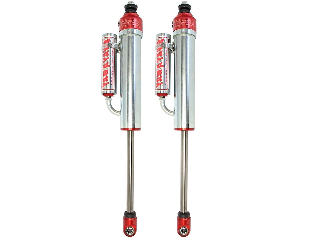 aFe Power Shock Absorber, Sway-A-Way, Hydraulic, 2-1/2 Inch Diameter, With Reservoir, Adjustable, Without Shock Boots, Silver and Red – 401-5600-11