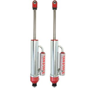 aFe Power Shock Absorber, Sway-A-Way, Hydraulic, 2-1/2 Inch Diameter, With Reservoir, Adjustable, Without Shock Boots, Silver and Red – 401-5600-11