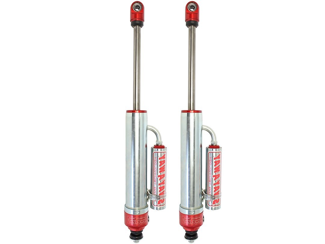 aFe Power Shock Absorber, Sway-A-Way, Hydraulic, 2-1/2 Inch Diameter, With Reservoir, Adjustable, Without Shock Boots, Silver and Red – 401-5600-11