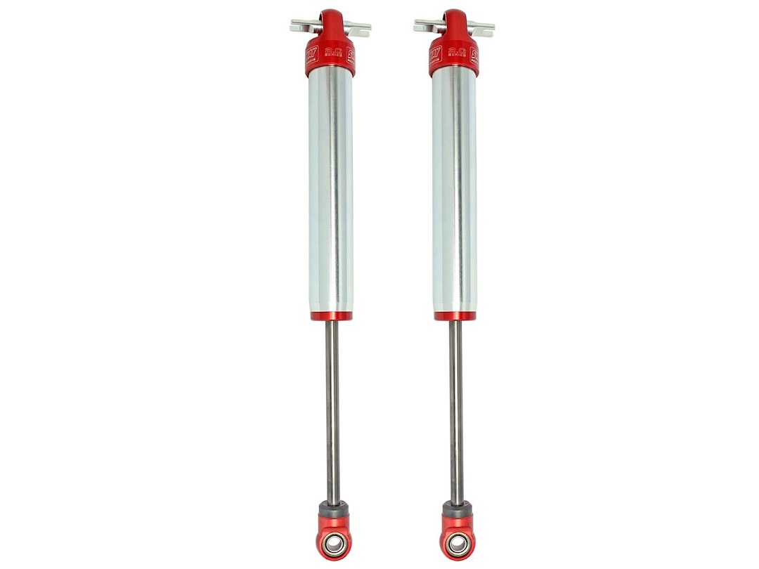aFe Power Shock Absorber, Sway-A-Way, Hydraulic, 2 Inch Diameter, With Reservoir, Adjustable, Without Shock Boots, Silver and Red – 402-0052-01