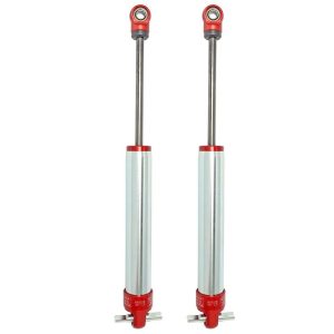 aFe Power Shock Absorber, Sway-A-Way, Hydraulic, 2 Inch Diameter, With Reservoir, Adjustable, Without Shock Boots, Silver and Red – 402-0052-01