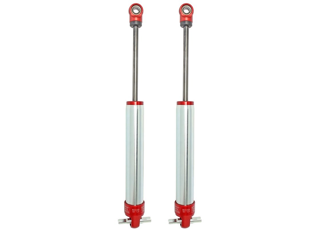 aFe Power Shock Absorber, Sway-A-Way, Hydraulic, 2 Inch Diameter, With Reservoir, Adjustable, Without Shock Boots, Silver and Red – 402-0052-01