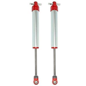 aFe Power Shock Absorber, Sway-A-Way, Hydraulic, 2 Inch Diameter, With Reservoir, Adjustable, Without Shock Boots, Silver and Red – 402-0052-02