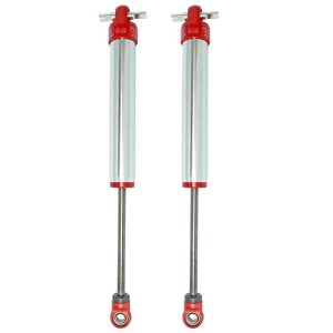 aFe Power Shock Absorber, Sway-A-Way, Hydraulic, 2 Inch Diameter, With Reservoir, Adjustable, Without Shock Boots, Silver and Red – 402-0052-02