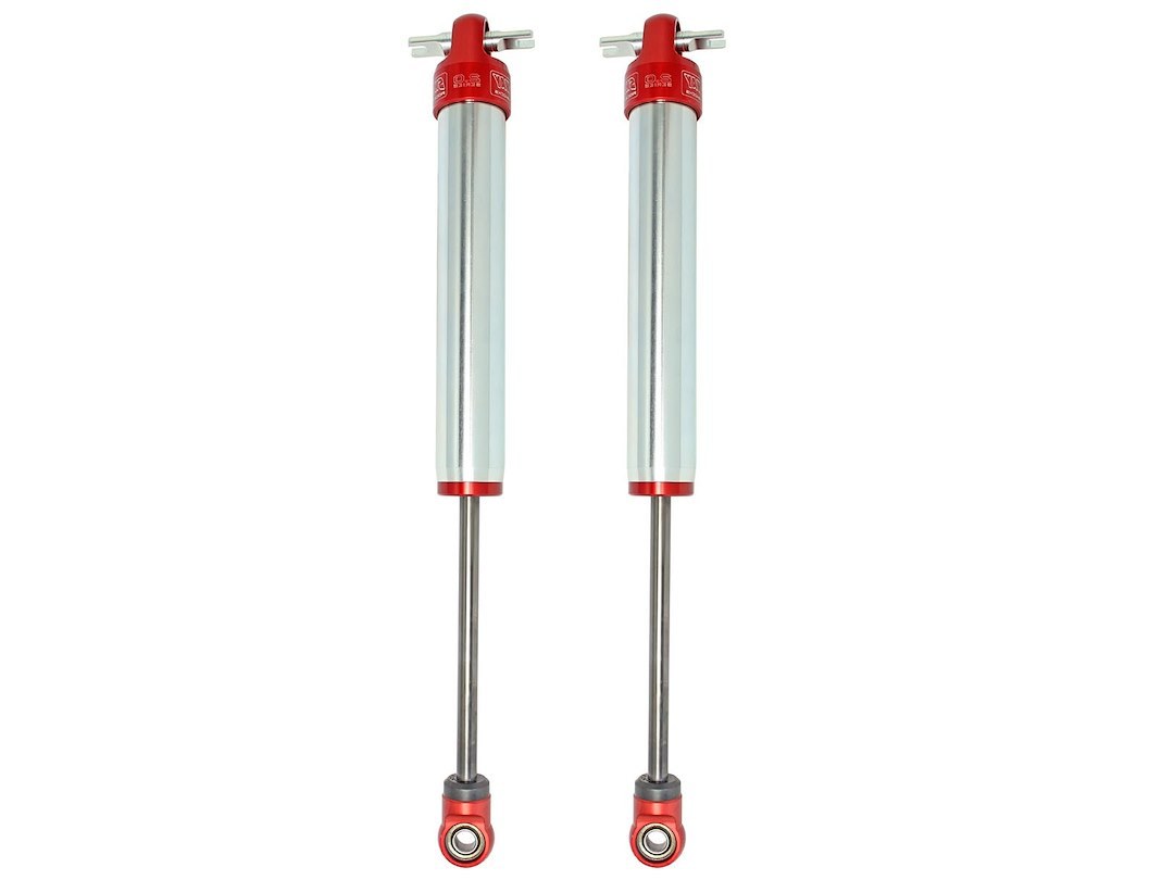 aFe Power Shock Absorber, Sway-A-Way, Hydraulic, 2 Inch Diameter, With Reservoir, Adjustable, Without Shock Boots, Silver and Red – 402-0052-02