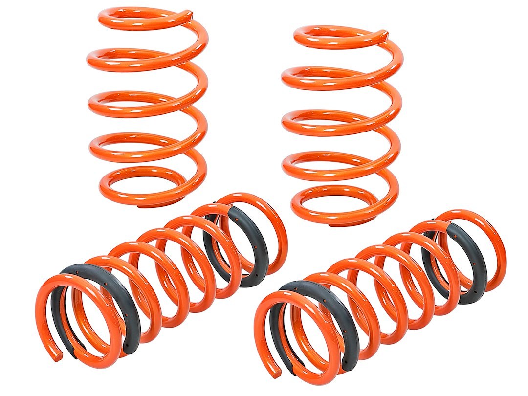 aFe Power Lowering Kit, Control, .7 Inch Front/ 1.1 Inch Rear Drop, Orange, Without Shock Absorbers, Set of 4 Coil Springs – 410-302001-N