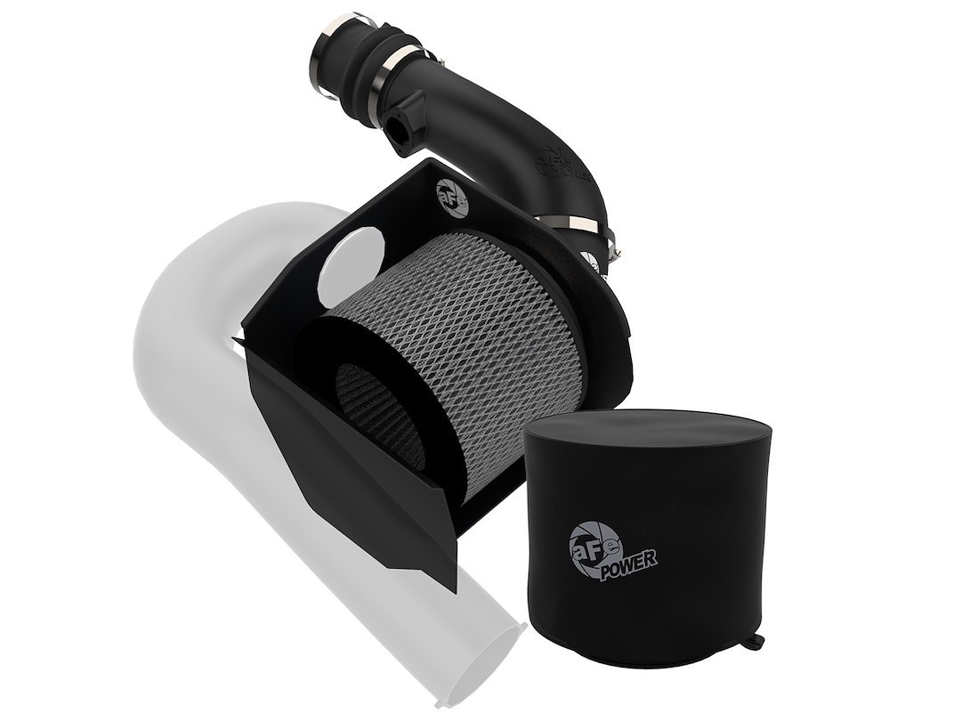 aFe Power Cold Air Intake, Magnum Force Pro Dry S Stage 2, Black Plastic Tube, White Filter, With Filter Wrap, With Heat Shield – 54-13012D