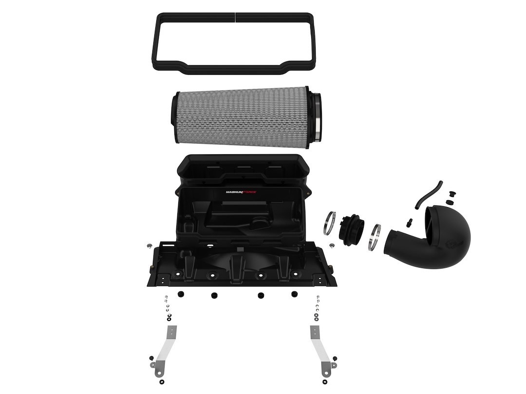 aFe Power Cold Air Intake, Magnum Force Pro Dry S Stage 2, Black Plastic Tube, White Pro Dry S Filter, With Heat Shield – 54-13072D