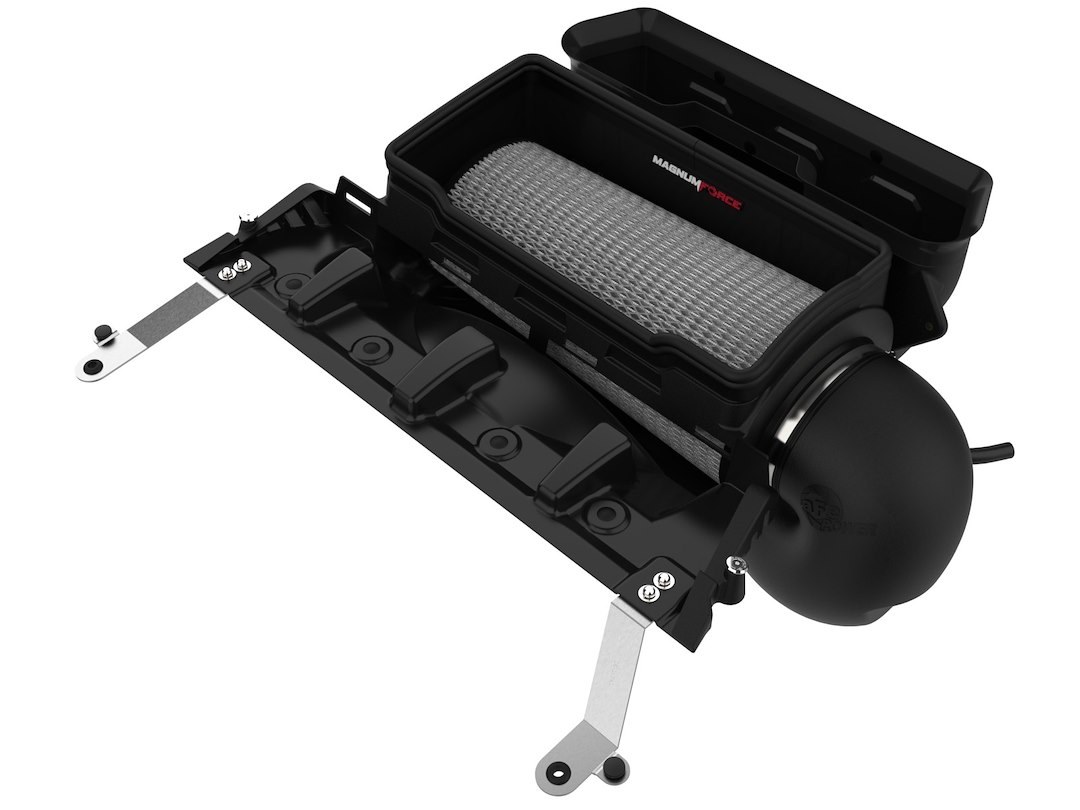 aFe Power Cold Air Intake, Magnum Force Pro Dry S Stage 2, Black Plastic Tube, White Pro Dry S Filter, With Heat Shield – 54-13072D