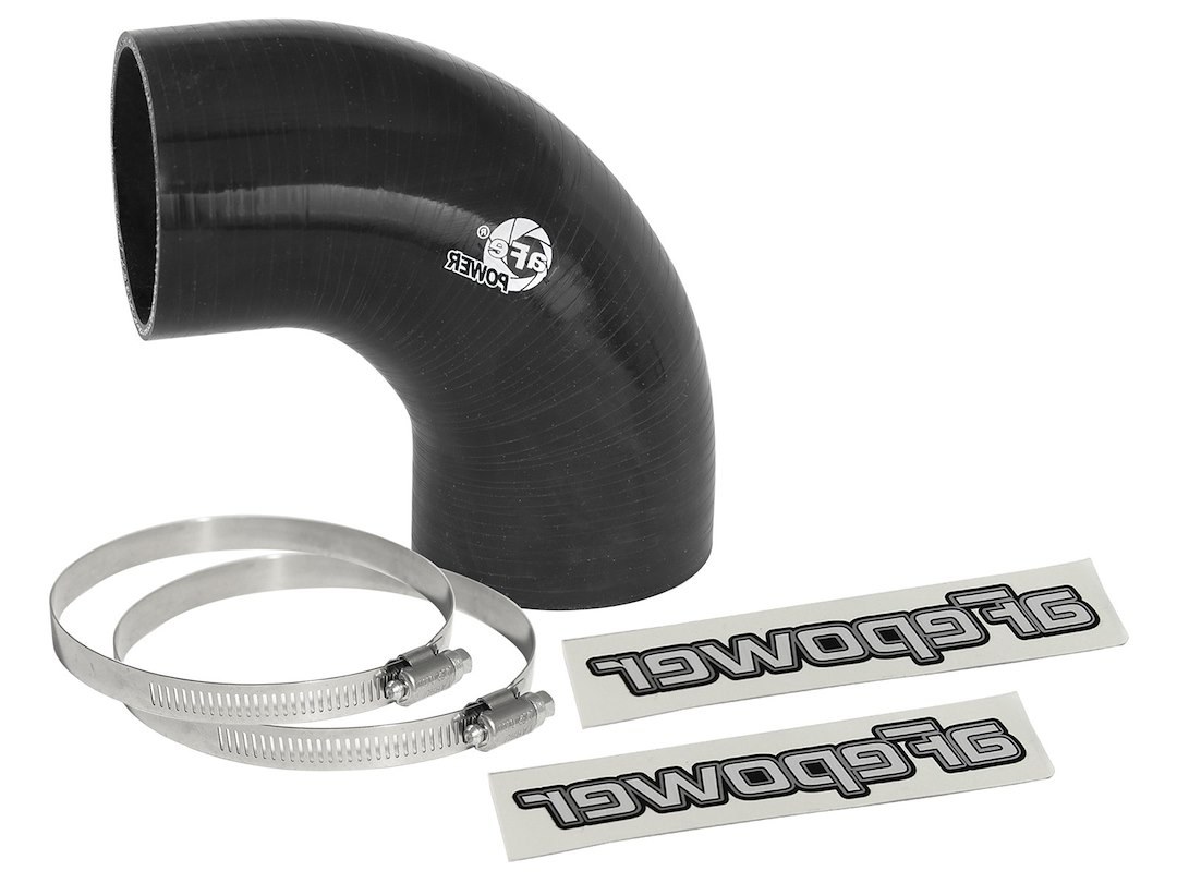 aFe Power Air Intake Hose Coupler, Magnum Force, 90 Degree Bend, 2-3/4 Inch Inside Diameter, Black, Silicone, With 2 Worm Gear Clamps – 59-00059