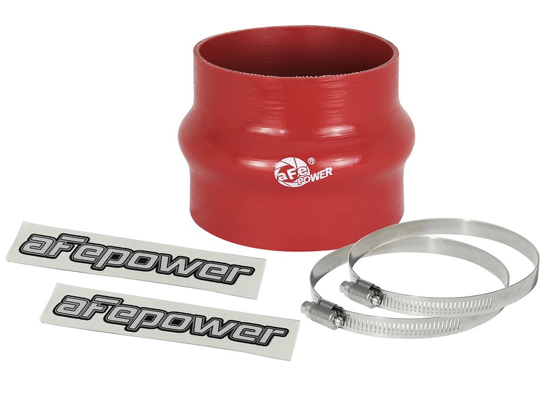 aFe Power Air Intake Hose Coupler, Magnum Force, Reducer, 3-3/4 Inch to 3-1/2 Inch Inside Diameter, 3 Inch Length, With Hump, Red, Silicone – 59-00061