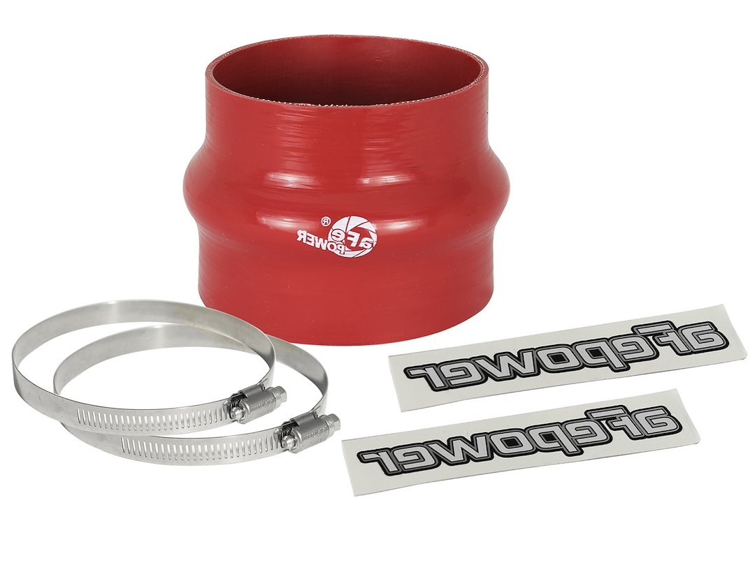 aFe Power Air Intake Hose Coupler, Magnum Force, Reducer, 3-3/4 Inch to 3-1/2 Inch Inside Diameter, 3 Inch Length, With Hump, Red, Silicone – 59-00061