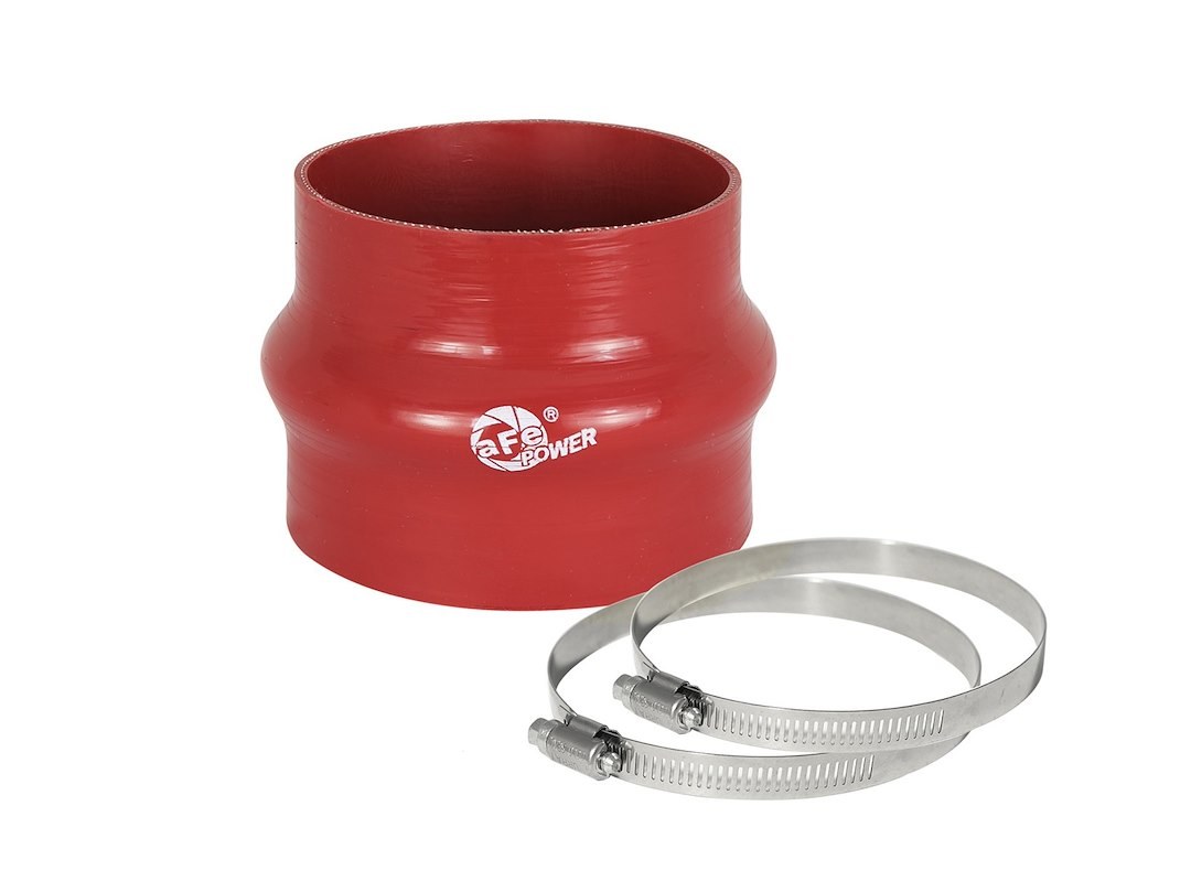 aFe Power Air Intake Hose Coupler, Magnum Force, Reducer, 3-3/4 Inch to 3-1/2 Inch Inside Diameter, 3 Inch Length, With Hump, Red, Silicone – 59-00061